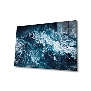 Mavi Deniz Dalgası Soyut Cam Tablo Ev Ve Ofis Duvar Dekoru 50x70 cm