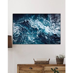 Mavi Deniz Dalgası Soyut Cam Tablo Ev Ve Ofis Duvar Dekoru 50x70 cm