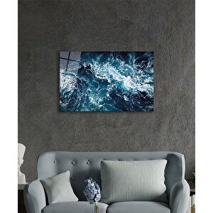 Mavi Deniz Dalgası Soyut Cam Tablo Ev Ve Ofis Duvar Dekoru 50x70 cm