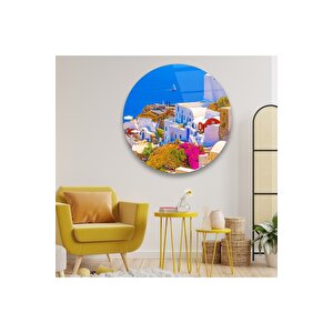 Deniz Manzaralı Beyaz Evler Yuvarlak Cam Tablo 50x50 cm
