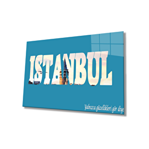 İstanbul Yazılı Mavi Beyaz Cam Tablo 36x23 cm