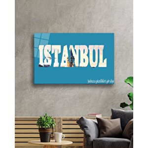 İstanbul Yazılı Mavi Beyaz Cam Tablo 36x23 cm