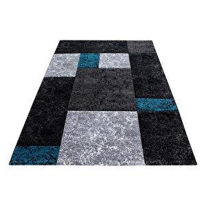 Oturma Odası Halısı Kareli Tasarım, Siyah, Gri, Mavi, Modern Kontur Kesim 80x150 cm