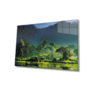 Göl Orman Manzara Yeşil Cam Tablo 50x70 cm