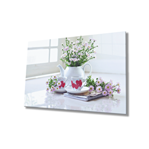 Çiçekler Kalpli Fincanlar Mutfak Cam Tablo 50x70 cm