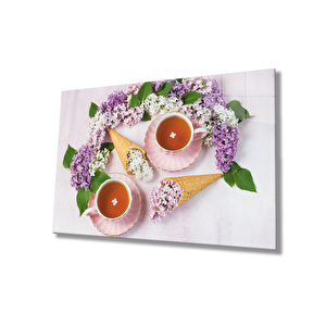 Çiçekler Ve Fincanda Çay Cam Tablo 36x23 cm