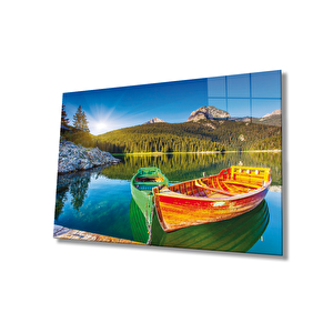 Manzara Kayık Göl Ve Dağ Cam Tablodayanıklı Cam 50x70 cm