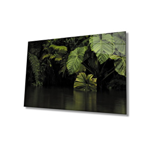 Büyük Yeşil Yapraklar Manzara Yeşil Cam Tablo 50x70 cm