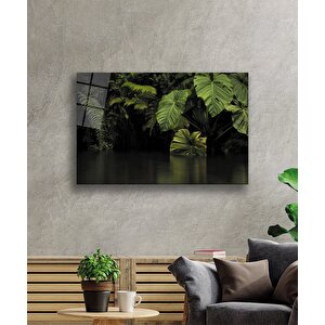 Büyük Yeşil Yapraklar Manzara Yeşil Cam Tablo 50x70 cm