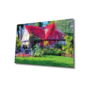 Mor Çiçekli Ev Cam Tablo Purple Flowers House 50x70 cm