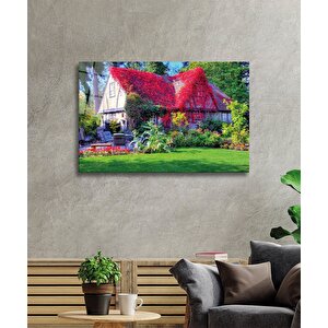 Mor Çiçekli Ev Cam Tablo Purple Flowers House 50x70 cm