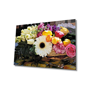 Çiçekler Cam Tablo Colorful Flowers Table 90x60 cm