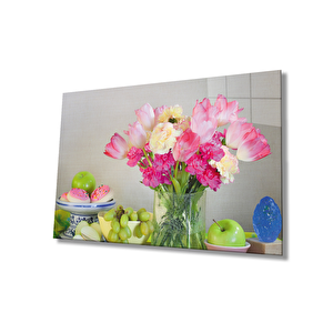 Meyveler Pembe Çiçekler Natürmort Cam Tablo 50x70 cm