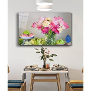 Meyveler Pembe Çiçekler Natürmort Cam Tablo 50x70 cm