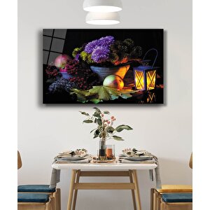 Çiçekler Mum Natürmort Cam Tablo 90x60 cm
