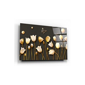 Gold Çiçekler Cam Tablo 50x70 cm