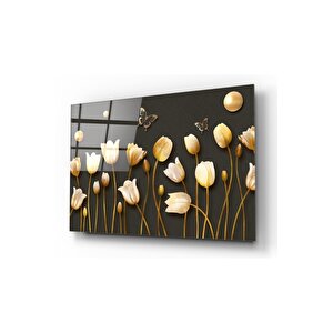 Gold Çiçekler Cam Tablo 50x70 cm