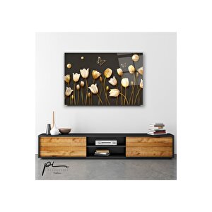 Gold Çiçekler Cam Tablo 50x70 cm