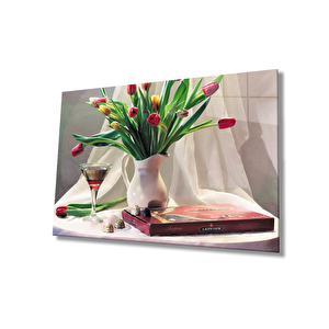 Vazoda Çiçekler Natürmort Cam Tablo 90x60 cm