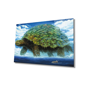 İllüstrasyon Kaplumbağa Manzara Yeşil Cam Tablo 110x70 cm