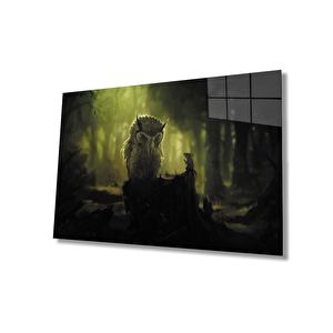 Baykuş Fare Orman Gece Yeşil Cam Tablo 50x70 cm