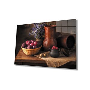 Meyve Toprak Vazo Natürmort Mutfak Cam Tablo 90x60 cm