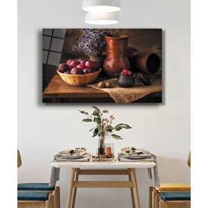 Meyve Toprak Vazo Natürmort Mutfak Cam Tablo 90x60 cm