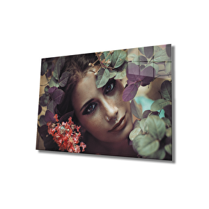 Kadınlar Çiçekli Nud Renkler Cam Tablo 36x23 cm
