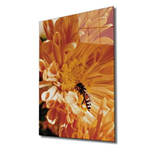 Sarı Çiçek Arı Cam Tablo Yellow Flower Bee 36x23 cm