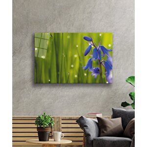 Mavi Çiçek Yeşil Cam Tablo Blue Flower Green 36x23 cm