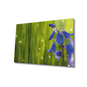 Mavi Çiçek Yeşil Cam Tablo Blue Flower Green 50x70 cm