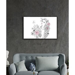 Kadın Çizim Ve Çiçek Cam Tablo 50x70 cm
