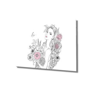 Kadın Çizim Ve Çiçek Cam Tablo 110x70 cm