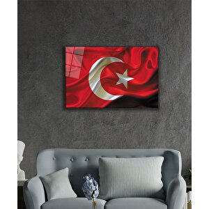 Dalgalanan Türk Bayrağı Cam Tablo Waving Turkish Flag 90x60 cm