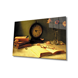 Saat Kitap Çiçek Natürmort Cam Tablo 36x23 cm
