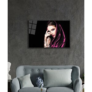 Bordo İpek Şallı Hint Dövmeli Kadın Cam 50x70 cm
