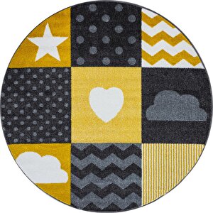 Halı Kreş, Kreş-bebek, Sarı Kalp-yıldız-bulut Desen Kolay Bakım 160 cm