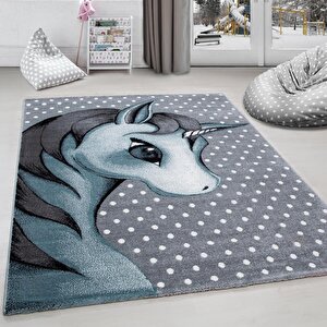 Çocuk Halısı Sevimli Peri Atı Desenli Gri Mavi Renklerde 120x170 cm