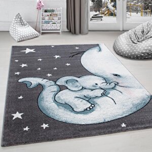 Kreş Halısı, Kreş-bebek Halısı Mavi Sevimli Fil Desen Kolay Bakım 80x150 cm