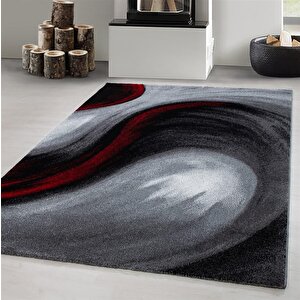 Modern Desenli Halı Dalga Motifli Tasarım Siyah Gri Kırmızı 80x150 cm