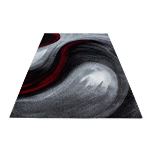 Modern Desenli Halı Dalga Motifli Tasarım Siyah Gri Kırmızı 120x170 cm