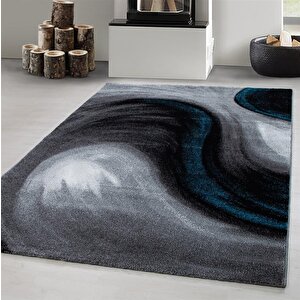 Modern Desenli Halı Dalga Motifli Tasarım Siyah Gri Mavi 80x300 cm