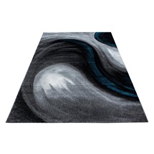 Modern Desenli Halı Dalga Motifli Tasarım Siyah Gri Mavi 80x150 cm