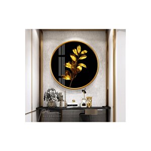 Gold Yapraklar Yuvarlak Cam Tablo 30x30 cm