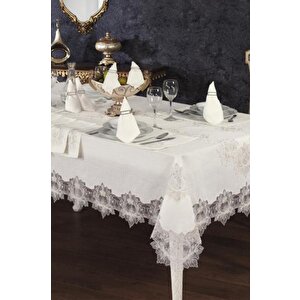 Asel Fransız Dantelli Keten Yemek Takımı - 26 Parça Krem
