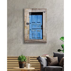 Taş Duvarlar Ve Mavi Ahşap Kapı Dikey Cam Tablo 90x60 cm