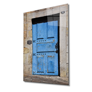 Taş Duvarlar Ve Mavi Ahşap Kapı Dikey Cam Tablo 110x70 cm