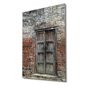 Taş Duvarlar Ve Ahşap Kapı Görselli Dikey Cam Tablo 36x23 cm