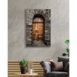 Taş Duvarlar Ve Kemerli Ahşap Kapı Görselli Cam Tablo 36x23 cm