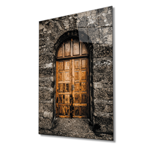 Taş Duvarlar Ve Kemerli Ahşap Kapı Görselli Cam Tablo 36x23 cm